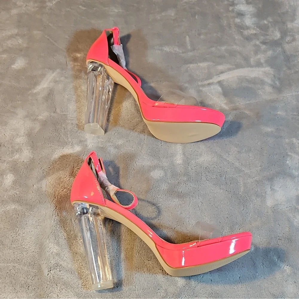 Kayleen Pink Clear Patent Strappy Block Heel Ankle Strap Open Toe Buckle 9